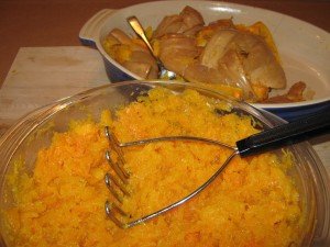 Rombo pumpkin, unexpectedly fibrous, sufficiently puréed by hand with potato masher 