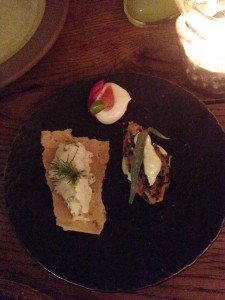 Delicious Mouthfuls: (left) cod rillette, (top) beetroot crisp, (right) rabbit confit