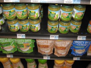 Baby food for sale at Honest Weight: Earth’s Best baby food in jars & its Whole Grain Rice Cereal and Oatmeal Cereal & Little Duck Organics’ Mighty Oats Cereals