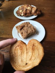 Indulging in coffee cake crumble, an almond croissant and a palmier